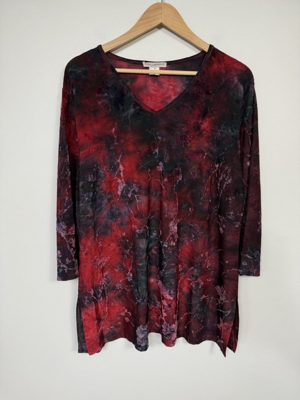 Susan Lawrence Top 2X Black Red Velvet Burnout Stretch Witchy Whimsigoth Fairy